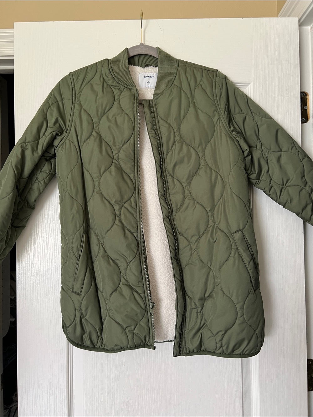 Old Navy Olive Green Quilted Bomber Jacket with Sherpa Lining